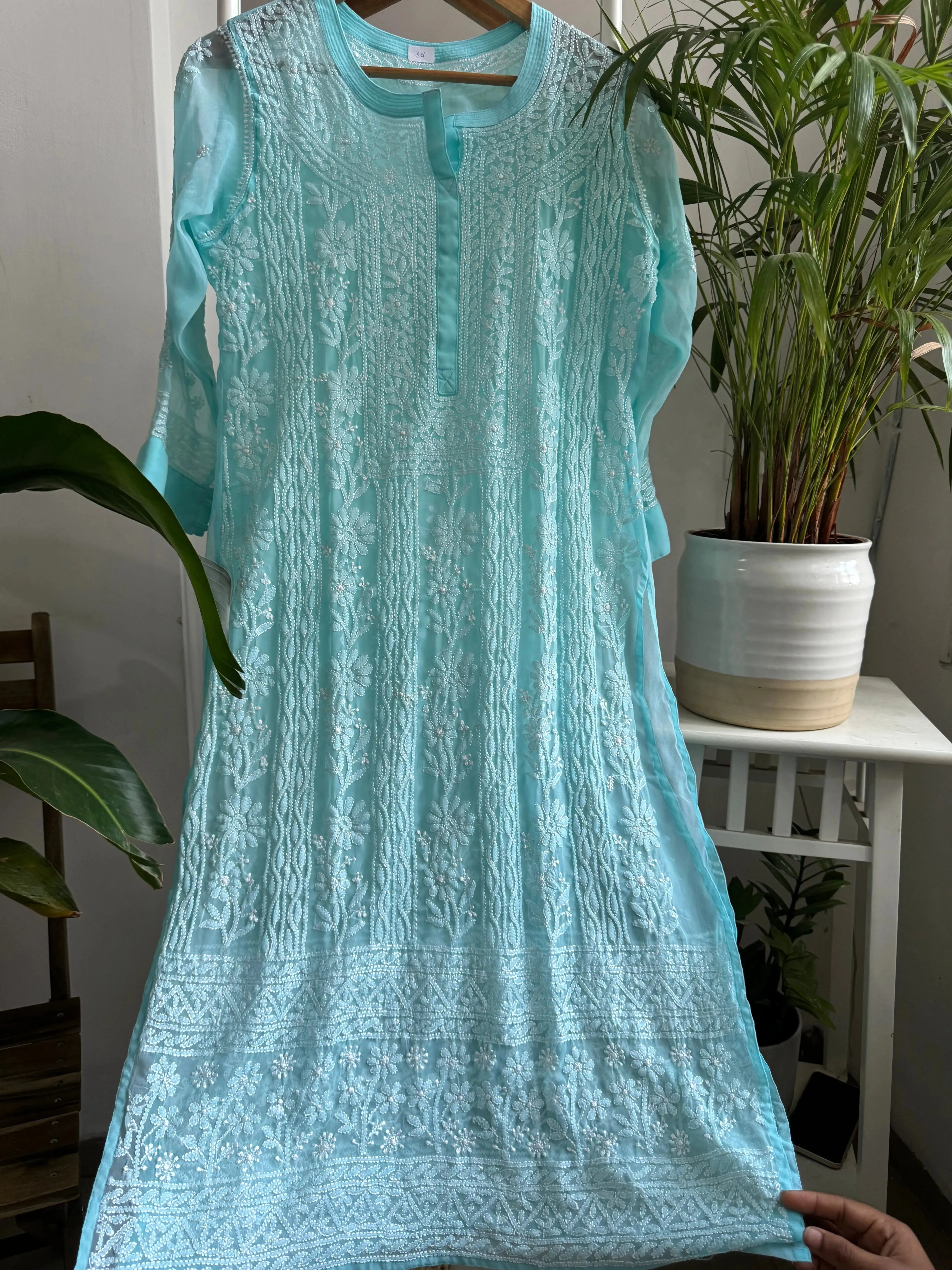 Chikankari Resham Jaal Kurti - Blue