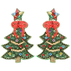 Christmas Tree Beaded Earrings - Green