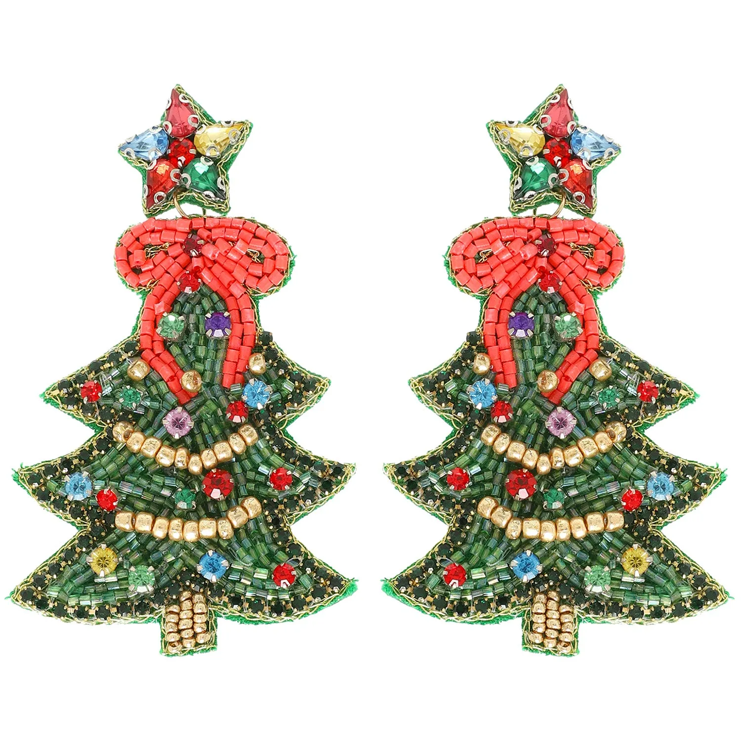 Christmas Tree Beaded Earrings - Green