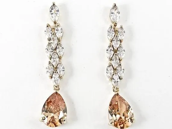 Classic Long Elegant CZ Drop Stye Design Orange & Clear CZ Gold Tone Brass Earrings