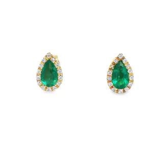 Colombian Pear Shape Emerald & Diamond Stud Earrings