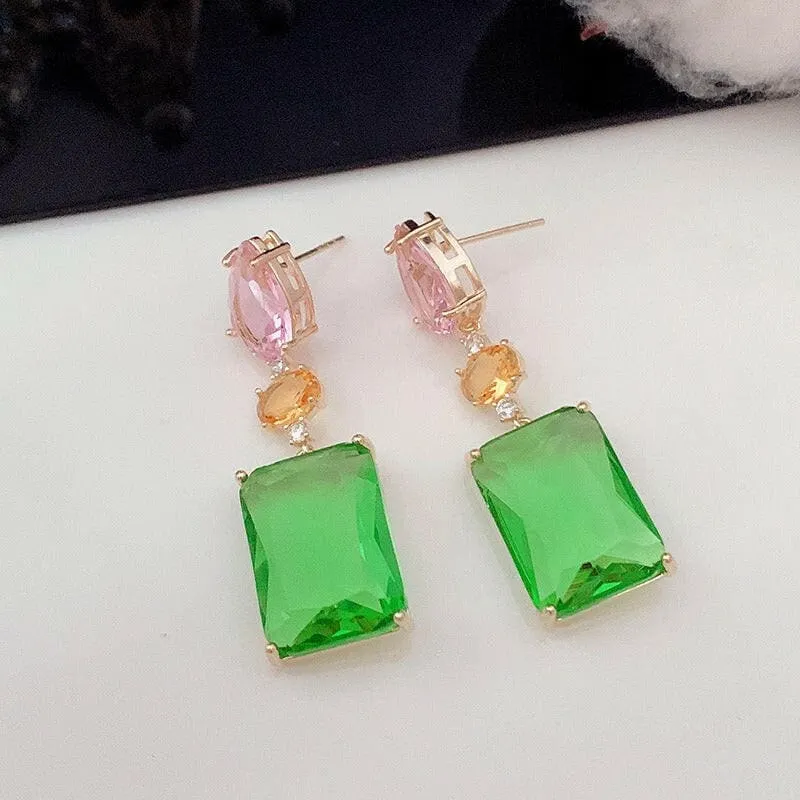 Colorful Pink Droplet Geometric Square Earrings with Zircon Accents