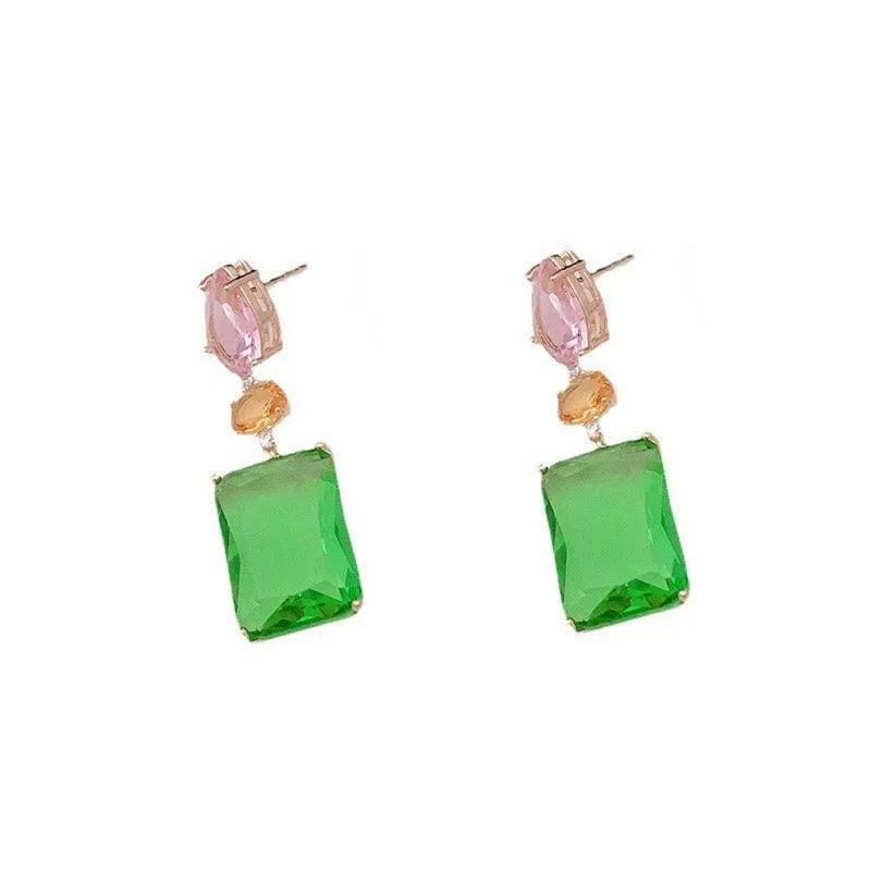 Colorful Pink Droplet Geometric Square Earrings with Zircon Accents