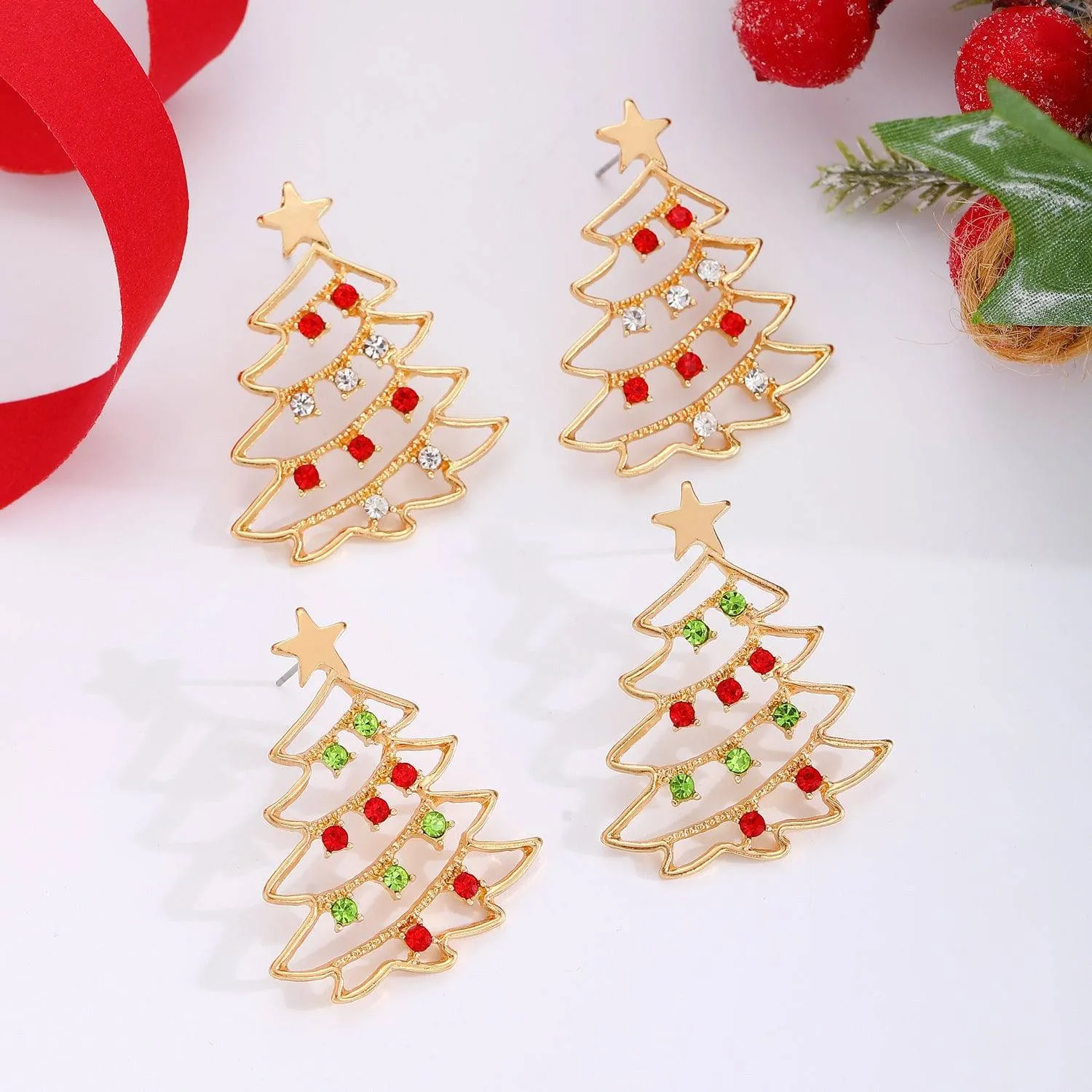 Colorful Zircon Christmas Tree Earrings – Festive Jewelry for Holiday Cheer