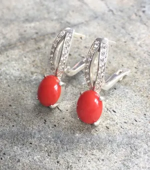 Coral Earrings - Red Oval Earrings - Vintage Drop Earrings