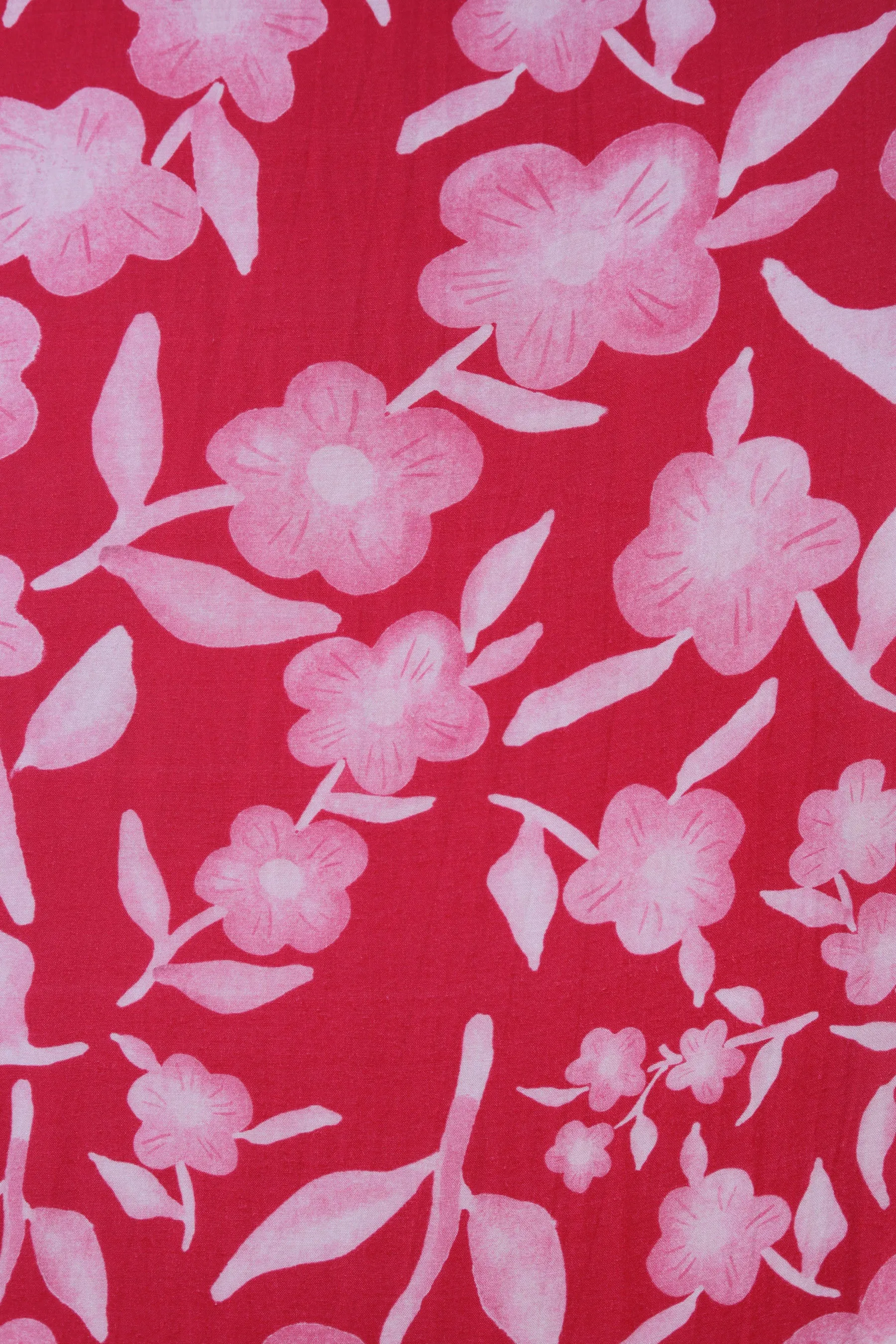 Crimson Red Periwinkle Pattern Printed Natural Muslin Silk Fabric