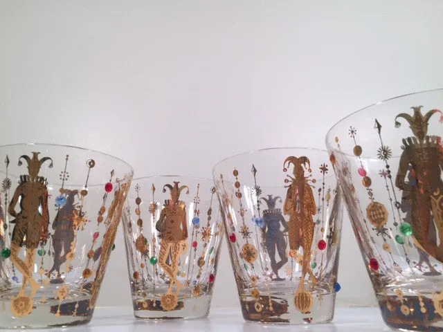 Culver Mid-Century Mardi Gras Jester Double Old Fashion With Jewels Glasses (Set of 4)