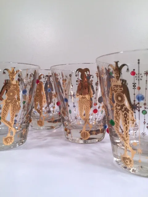 Culver Mid-Century Mardi Gras Jester Double Old Fashion With Jewels Glasses (Set of 4)