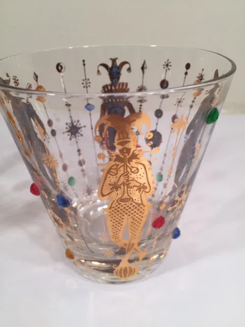 Culver Mid-Century Mardi Gras Jester Double Old Fashion With Jewels Glasses (Set of 4)