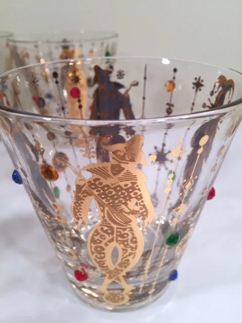 Culver Mid-Century Mardi Gras Jester Double Old Fashion With Jewels Glasses (Set of 4)