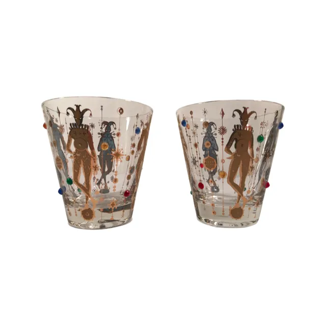 Culver Mid-Century Mardi Gras Jester With Jewels Double Old Fashion Glasses (Set of 2)