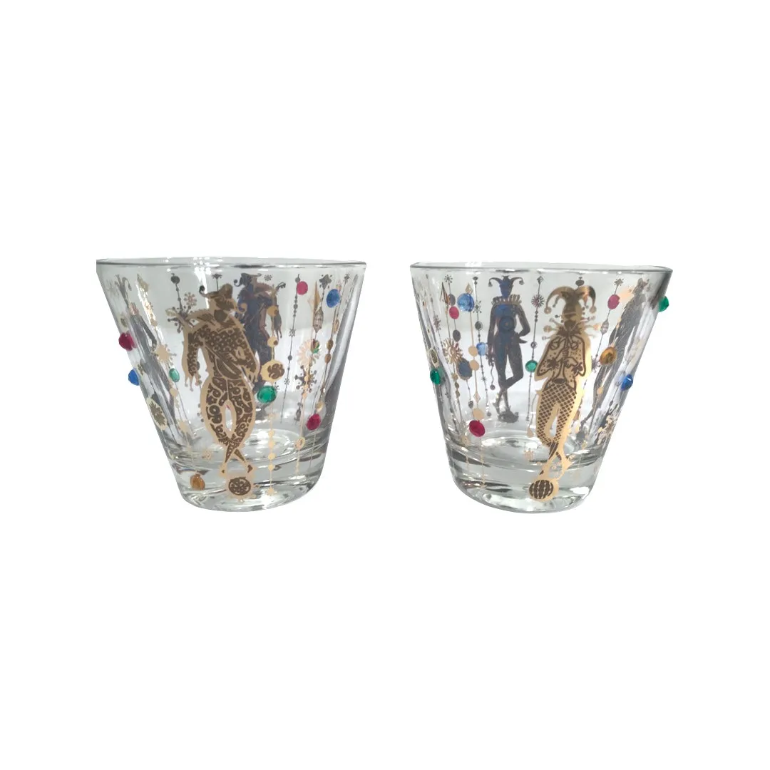 Culver Mid-Century Mardi Gras Jester With Jewels Old Fashion Glasses (Set of 2)