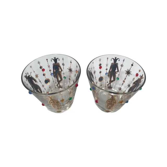 Culver Mid-Century Mardi Gras Jester With Jewels Old Fashion Glasses (Set of 2)