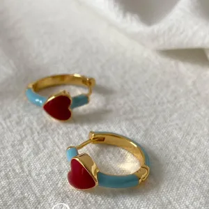 Cute Red Heart and Blue Enamel Hoop Earrings jlt11532