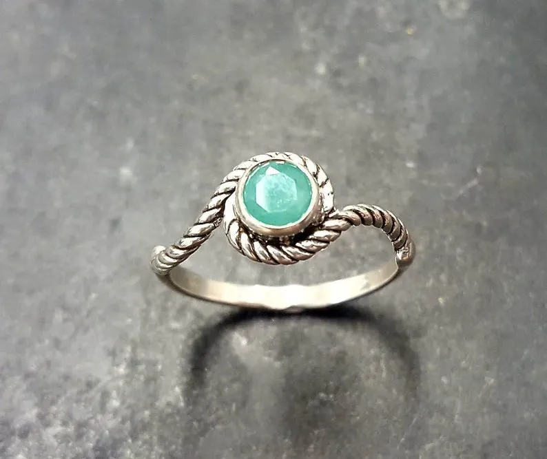 Dainty Emerald Ring - Silver Rope Band - May Birthstone Ring