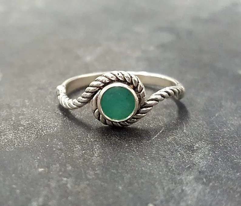 Dainty Emerald Ring - Silver Rope Band - May Birthstone Ring