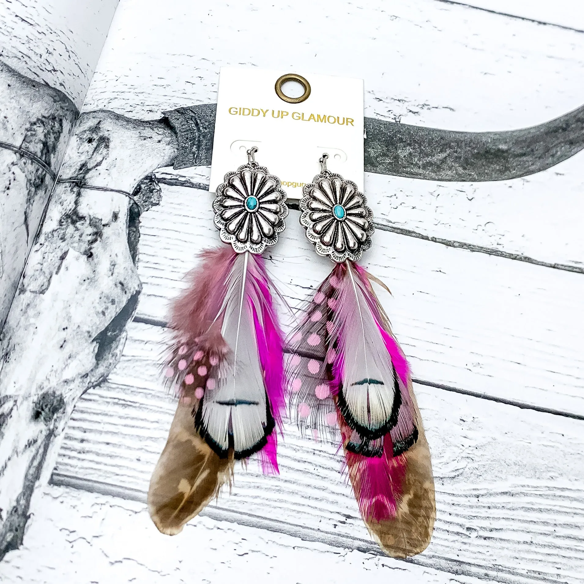 Desert Doll Silver Tone Feather Earrings in Hot Pink