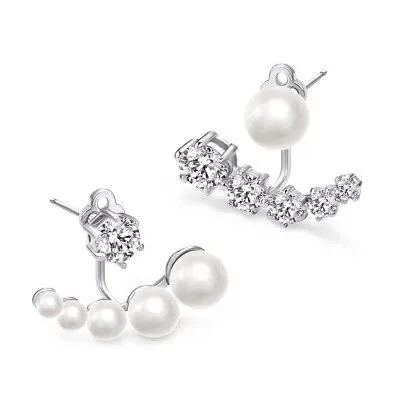 Diamond Asymmetric Detachable Pearl Earrings