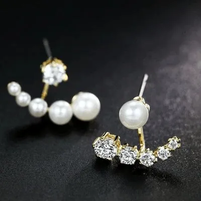 Diamond Asymmetric Detachable Pearl Earrings