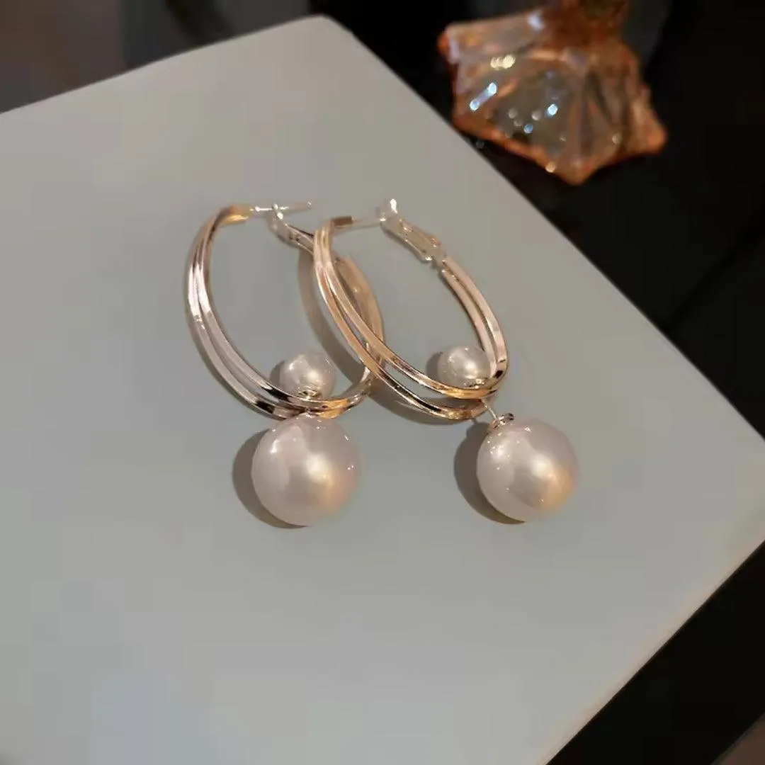 Double Hoop Pearl Drop Earrings