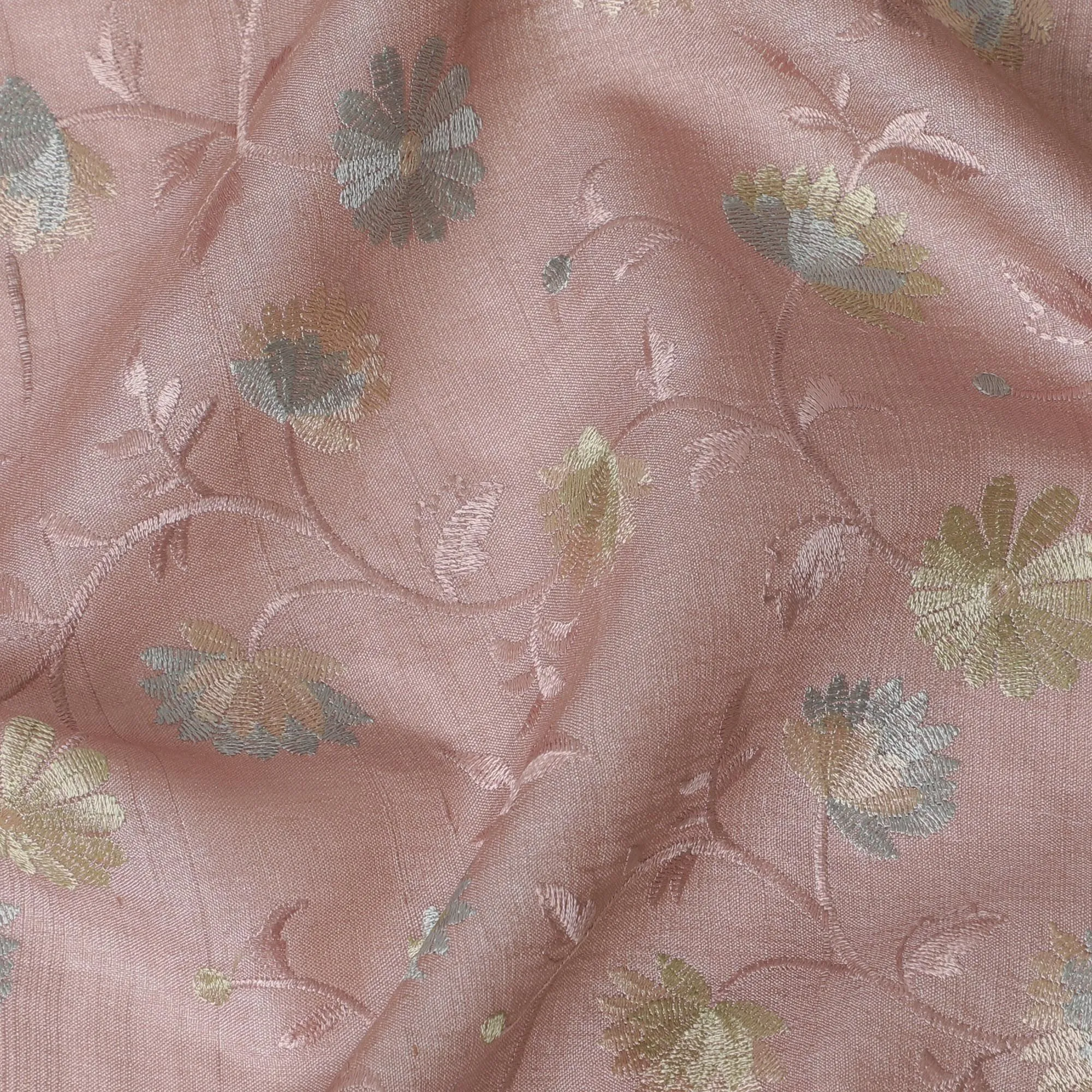 Dusty Rose Embroidered Tussar Silk Fabric, 110cm Width - Exquisite Textile Craft from India-D17923