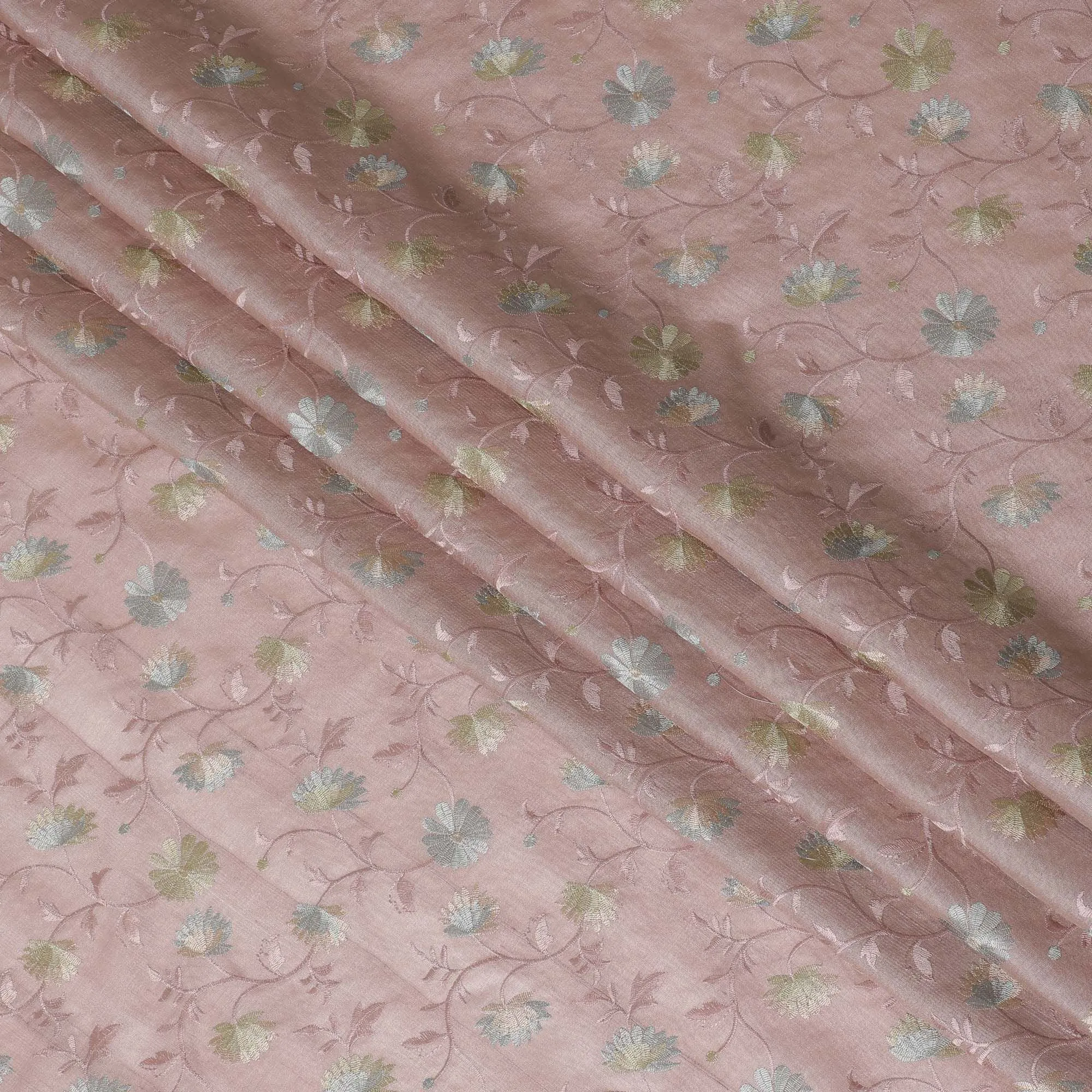 Dusty Rose Embroidered Tussar Silk Fabric, 110cm Width - Exquisite Textile Craft from India-D17923