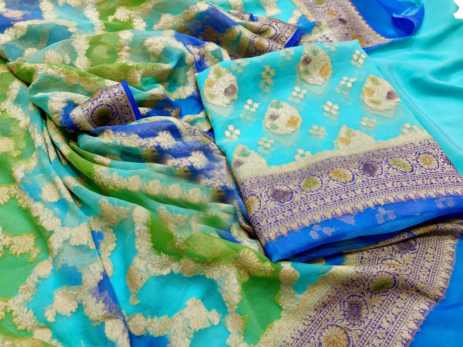 Elegant Blue & Green Banarasi Suit