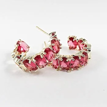 Elegant Dark Pink CZ Hoop Brass Earrings