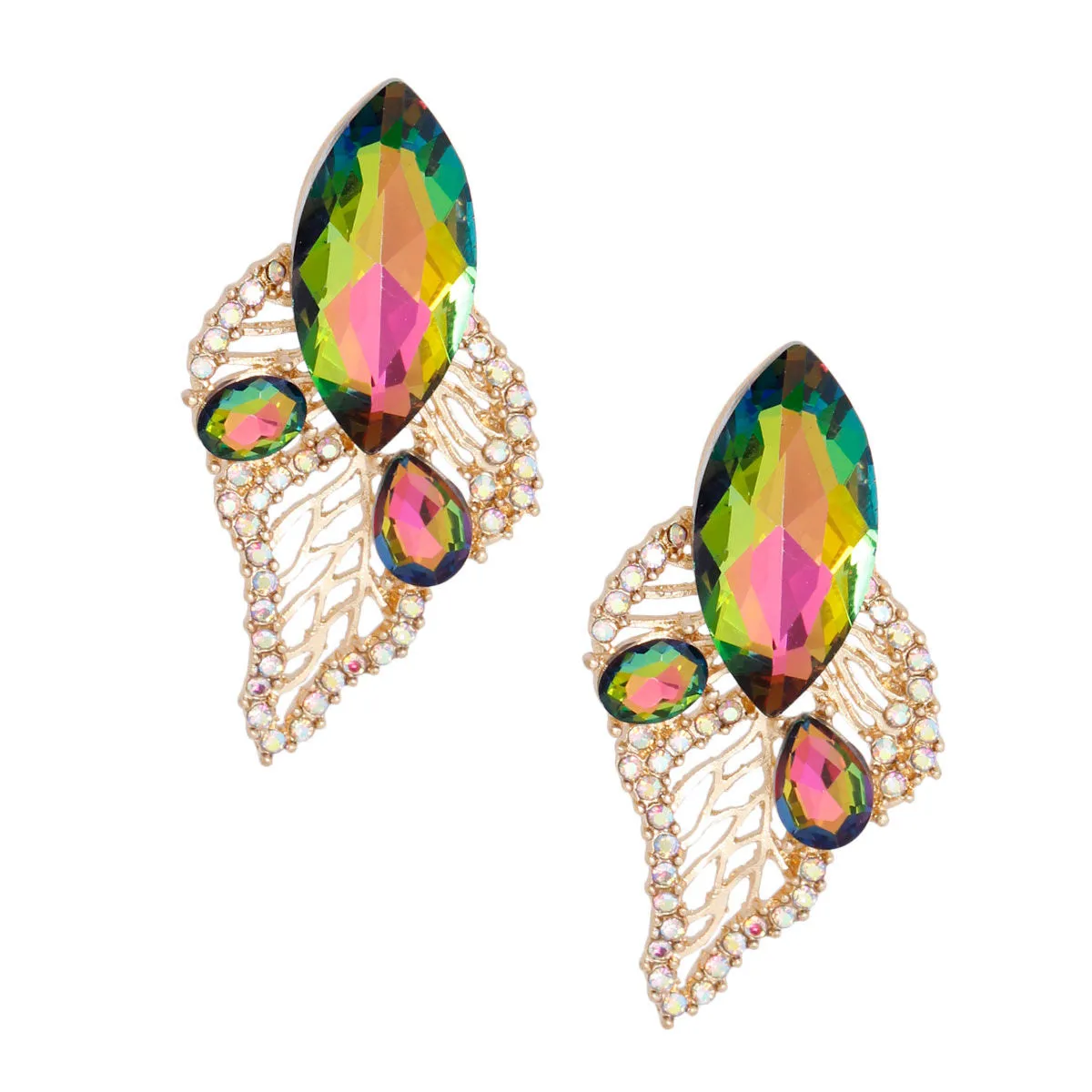 Elegant Pink Green Leaf Gold Stud