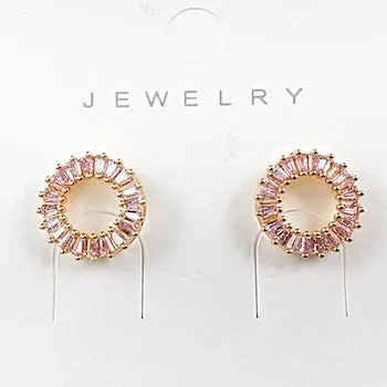 Elegant Round Open Pink Baguette CZ Stud Brass Earrings