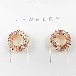 Elegant Round Open Pink Baguette CZ Stud Brass Earrings