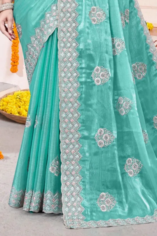 Embroidered Burberry Chiffon Turqoise Saree