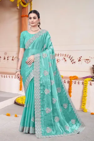 Embroidered Burberry Chiffon Turqoise Saree