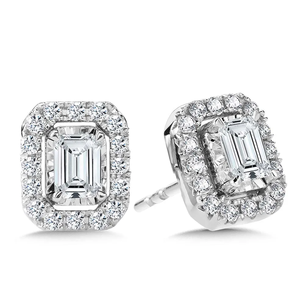 Emerald-Cut, Diamond Star, Heavenly Halo Stud Earrings (3/4 ctw)