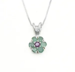 Emerald Flower Pendant - Green Flower Necklace - Silver Daisy Pendant