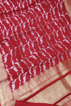 Exquisite Red Banarasi Handloom Pure Kora Silk Saree