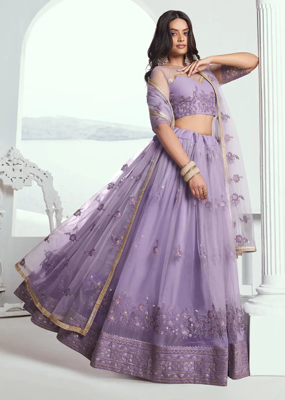 Fabulous Lavender Net Embroidered Wedding Lehenga Choli