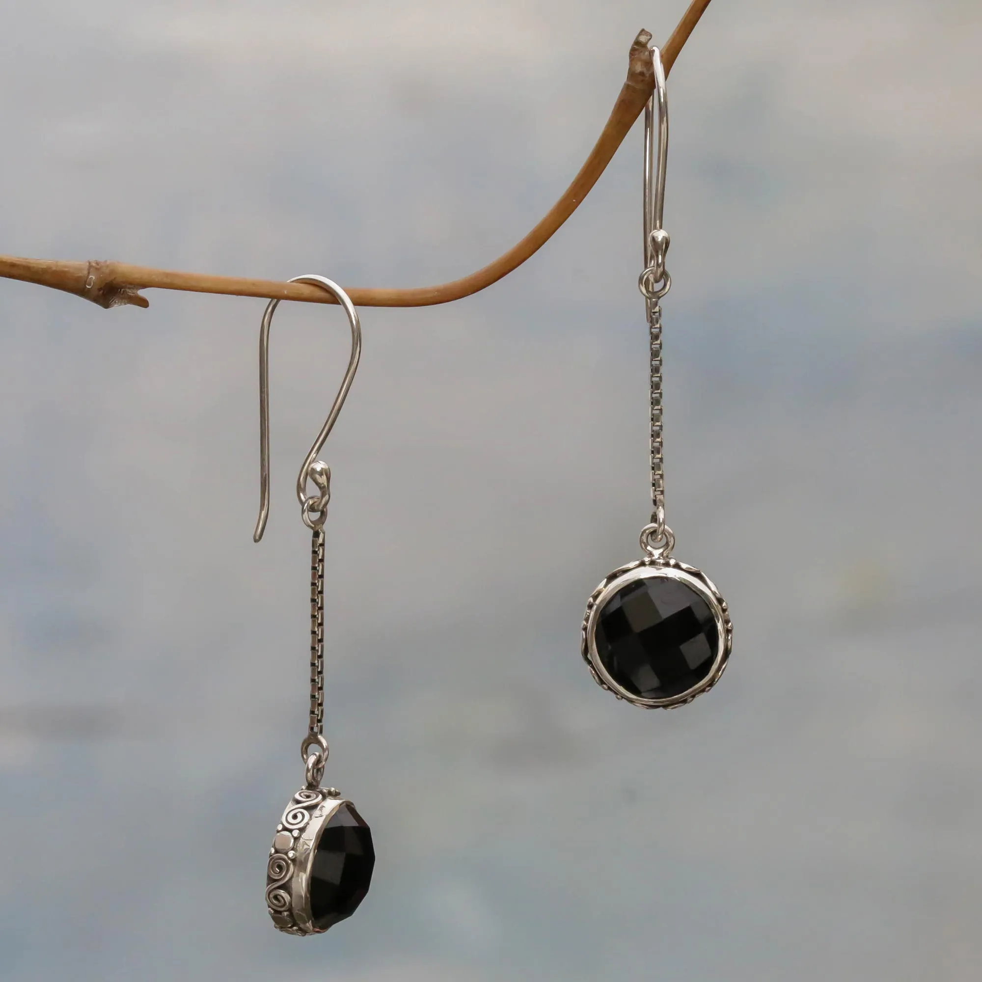 Faces of Night Onyx and Sterling Silver Dangle Earrings