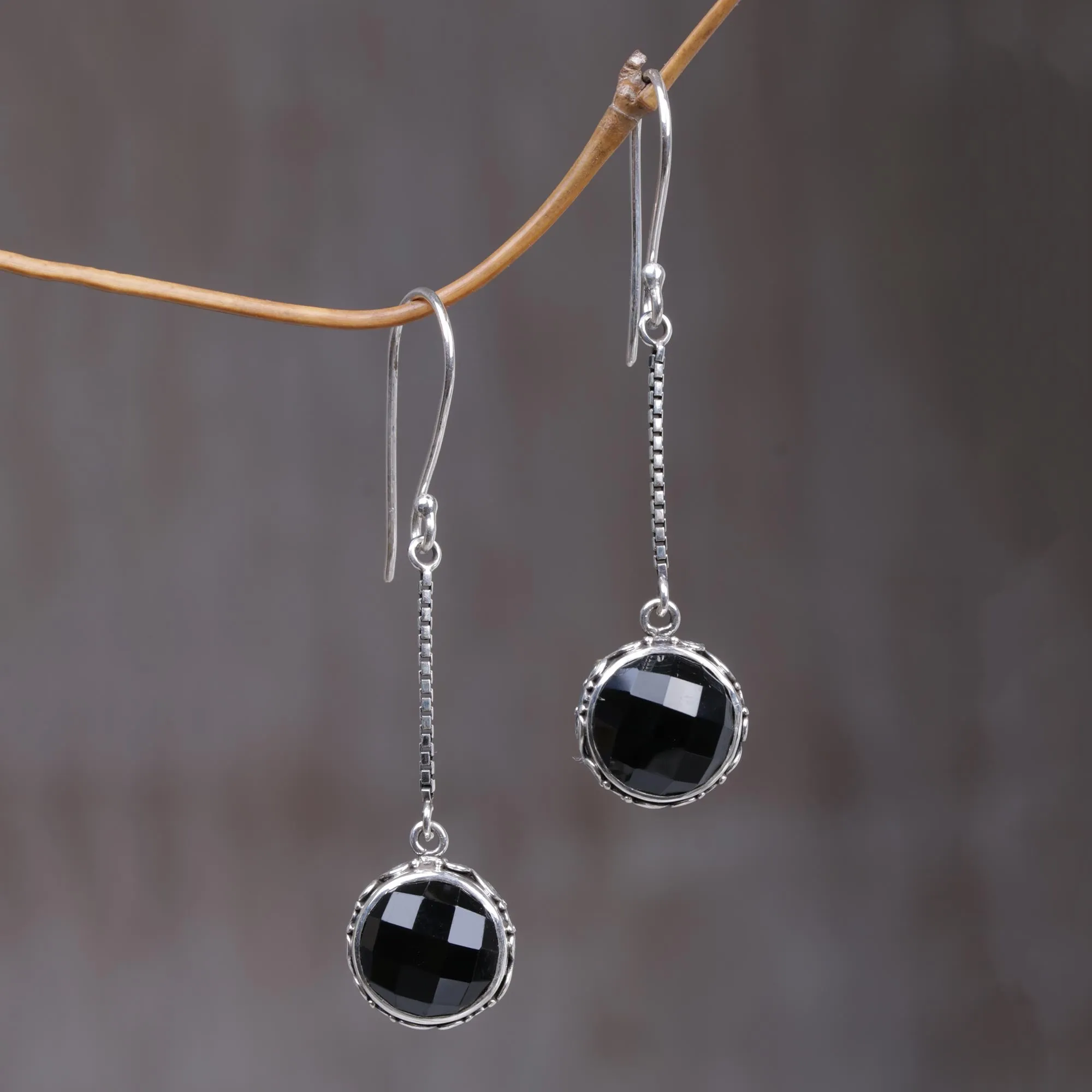 Faces of Night Onyx and Sterling Silver Dangle Earrings