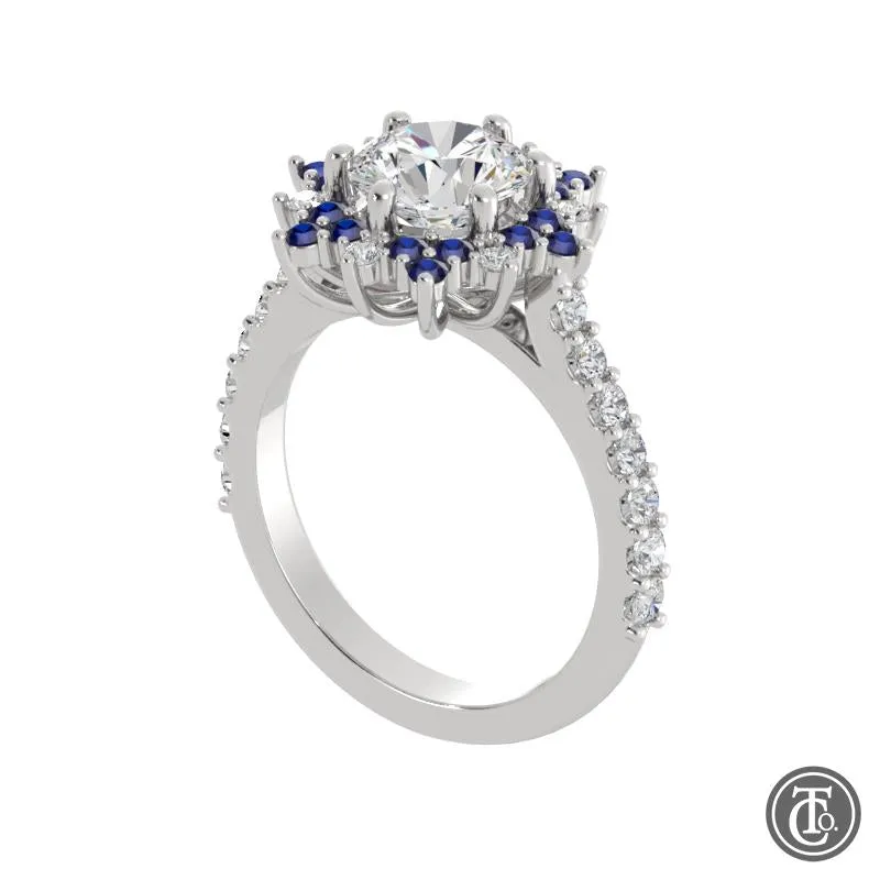 Fancy Halo Semi-Mount Engagement Ring with Sapphire Accents