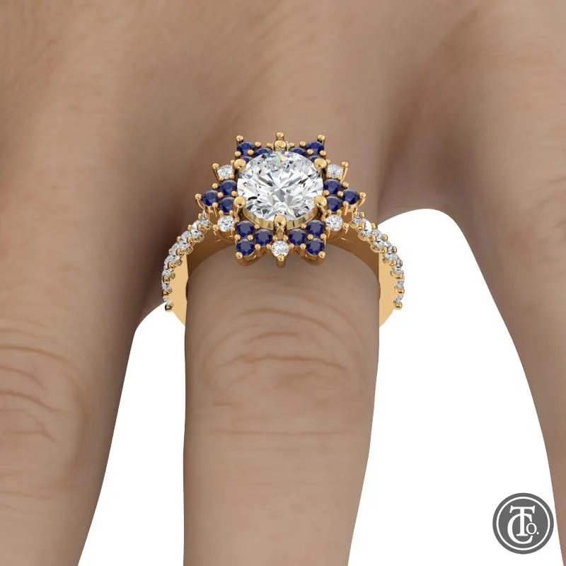 Fancy Halo Semi-Mount Engagement Ring with Sapphire Accents