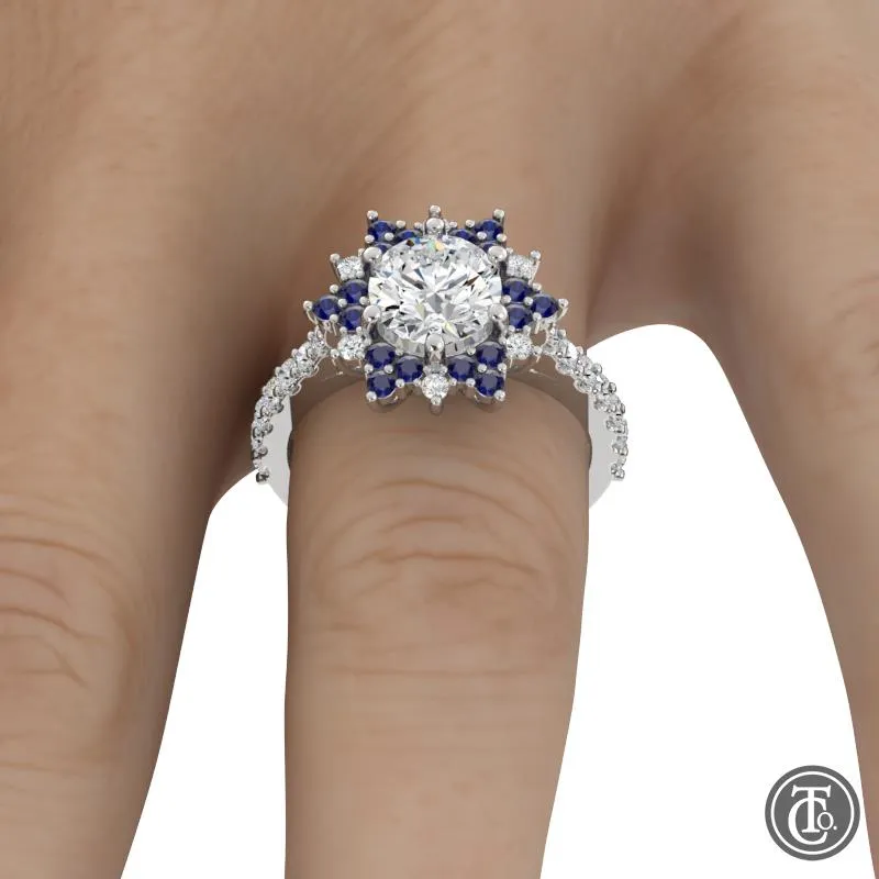 Fancy Halo Semi-Mount Engagement Ring with Sapphire Accents