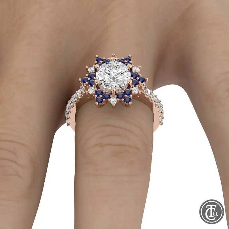 Fancy Halo Semi-Mount Engagement Ring with Sapphire Accents