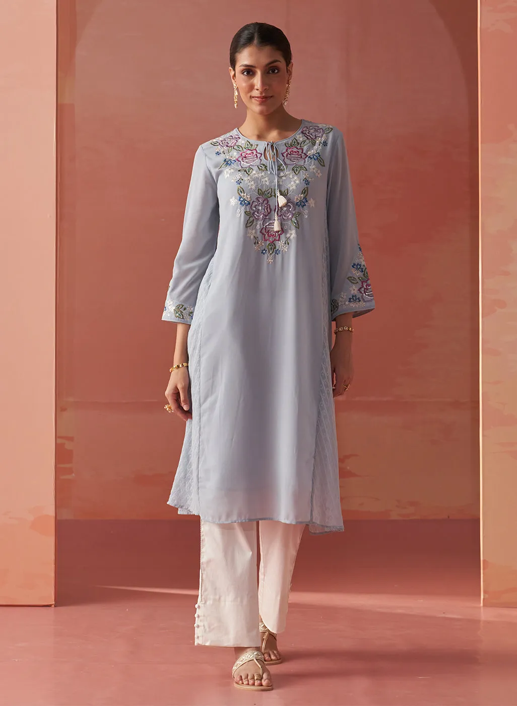 Firdaus Blue Mist Embroidered Georgette Designer Long Kurta for Women