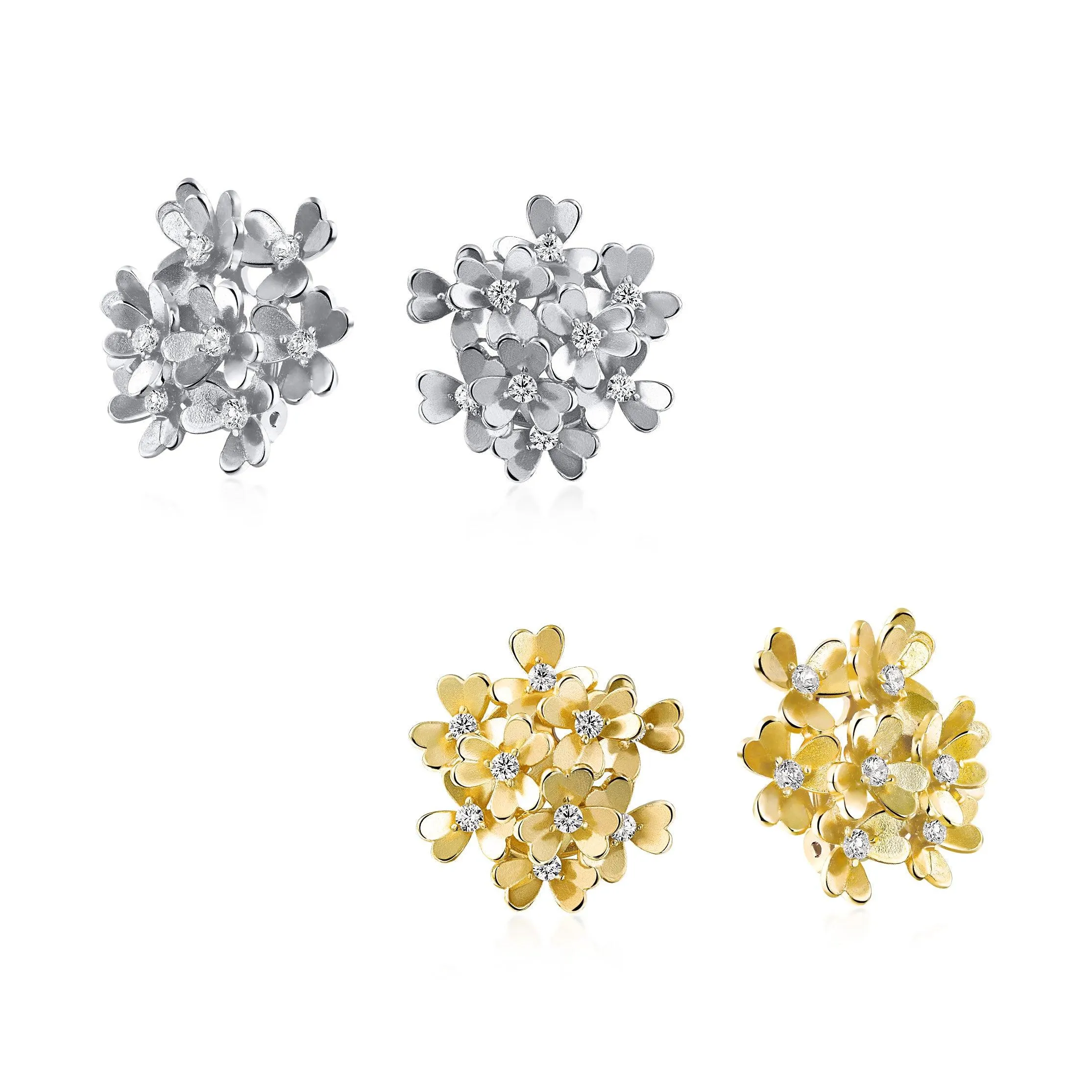 Floral CZ Bouquet Clip-On Earrings for Non-Pierced Ears SilverRoseGold Plated