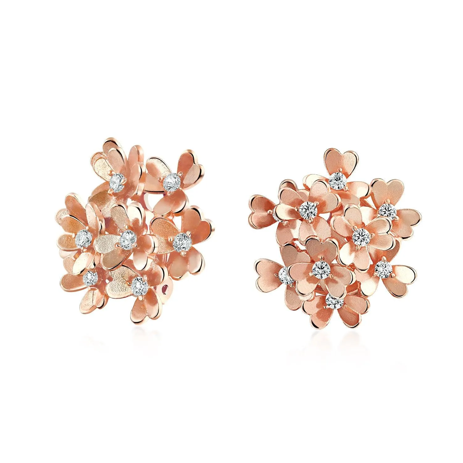 Floral CZ Bouquet Clip-On Earrings for Non-Pierced Ears SilverRoseGold Plated