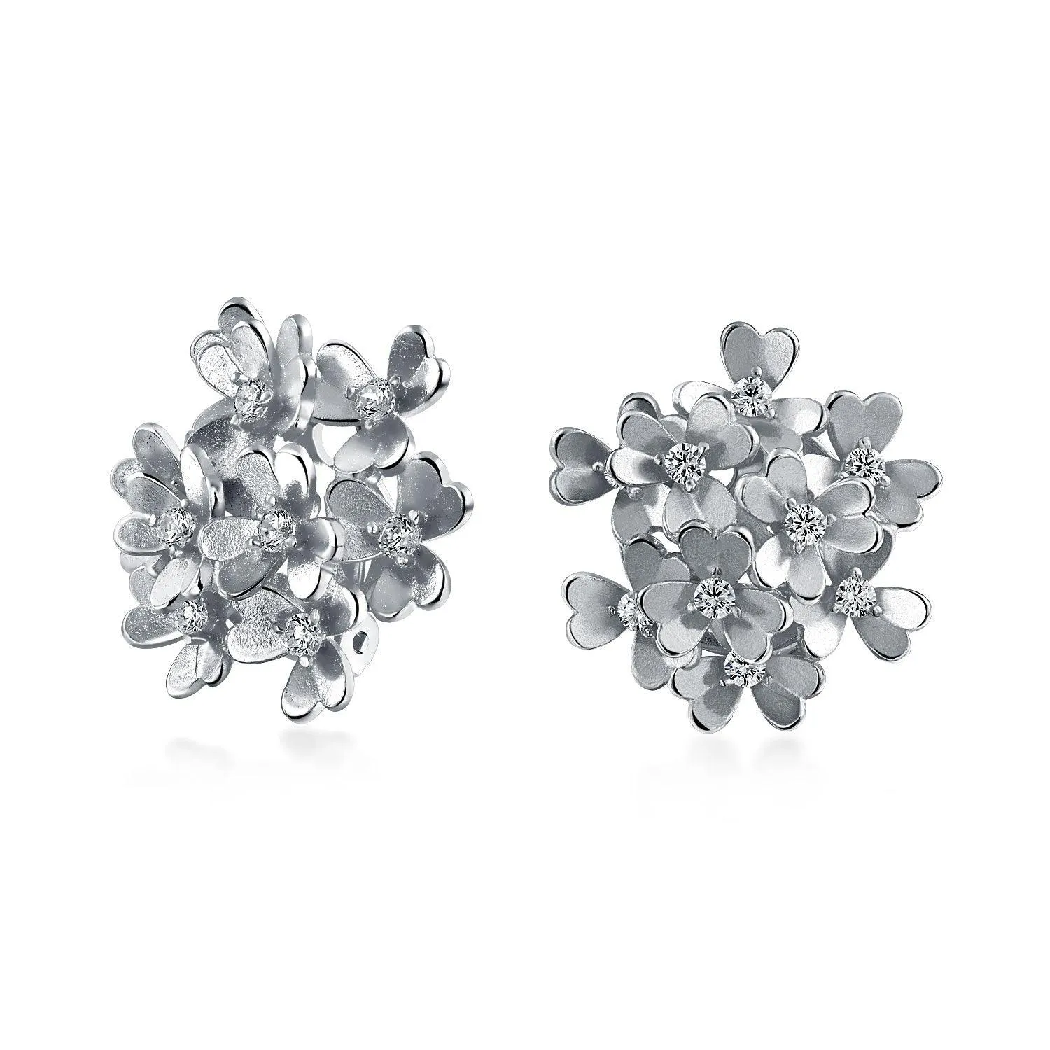 Floral CZ Bouquet Clip-On Earrings for Non-Pierced Ears SilverRoseGold Plated