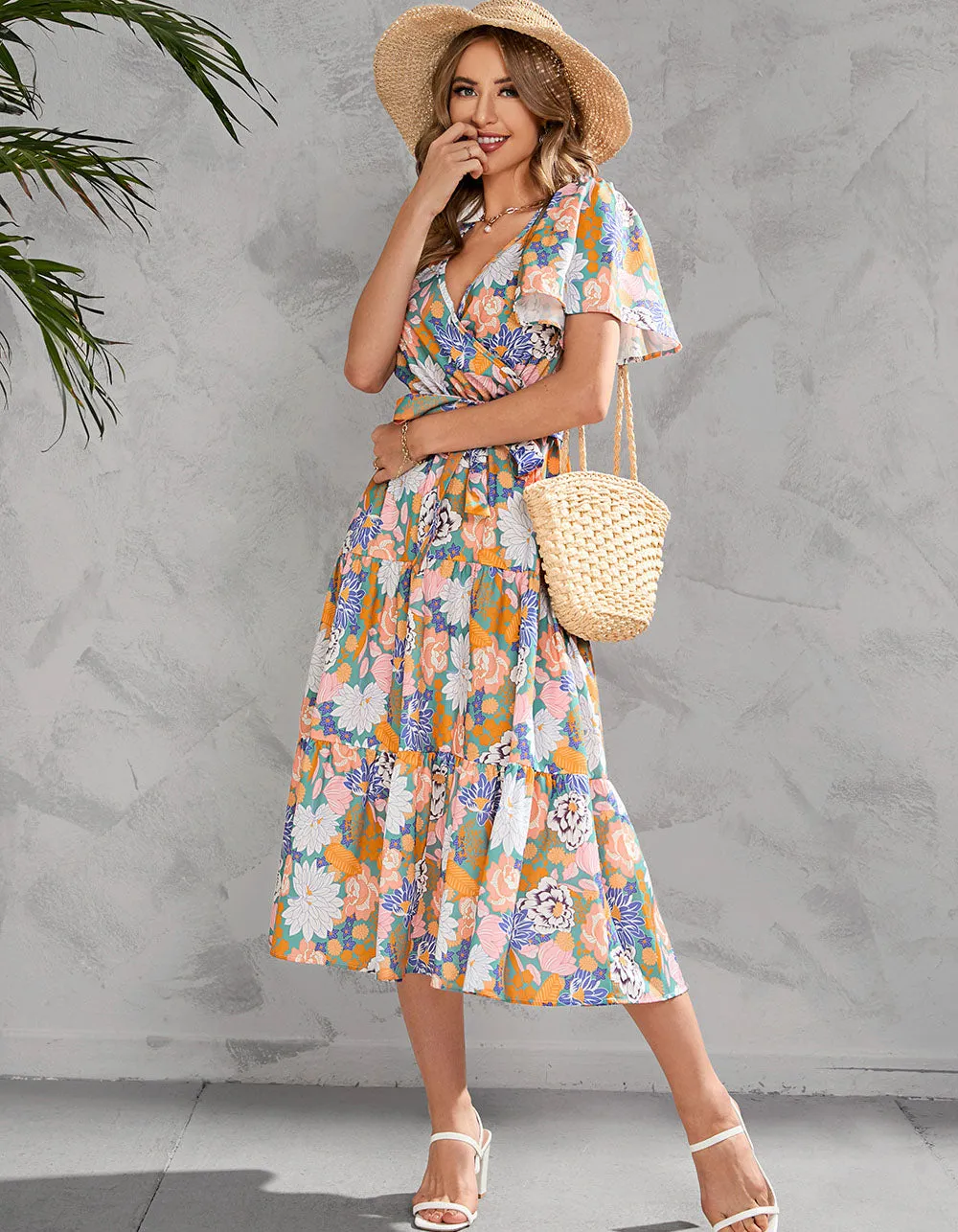 Floral Printed V Neck Short Sleeve Long A-Line Dresses