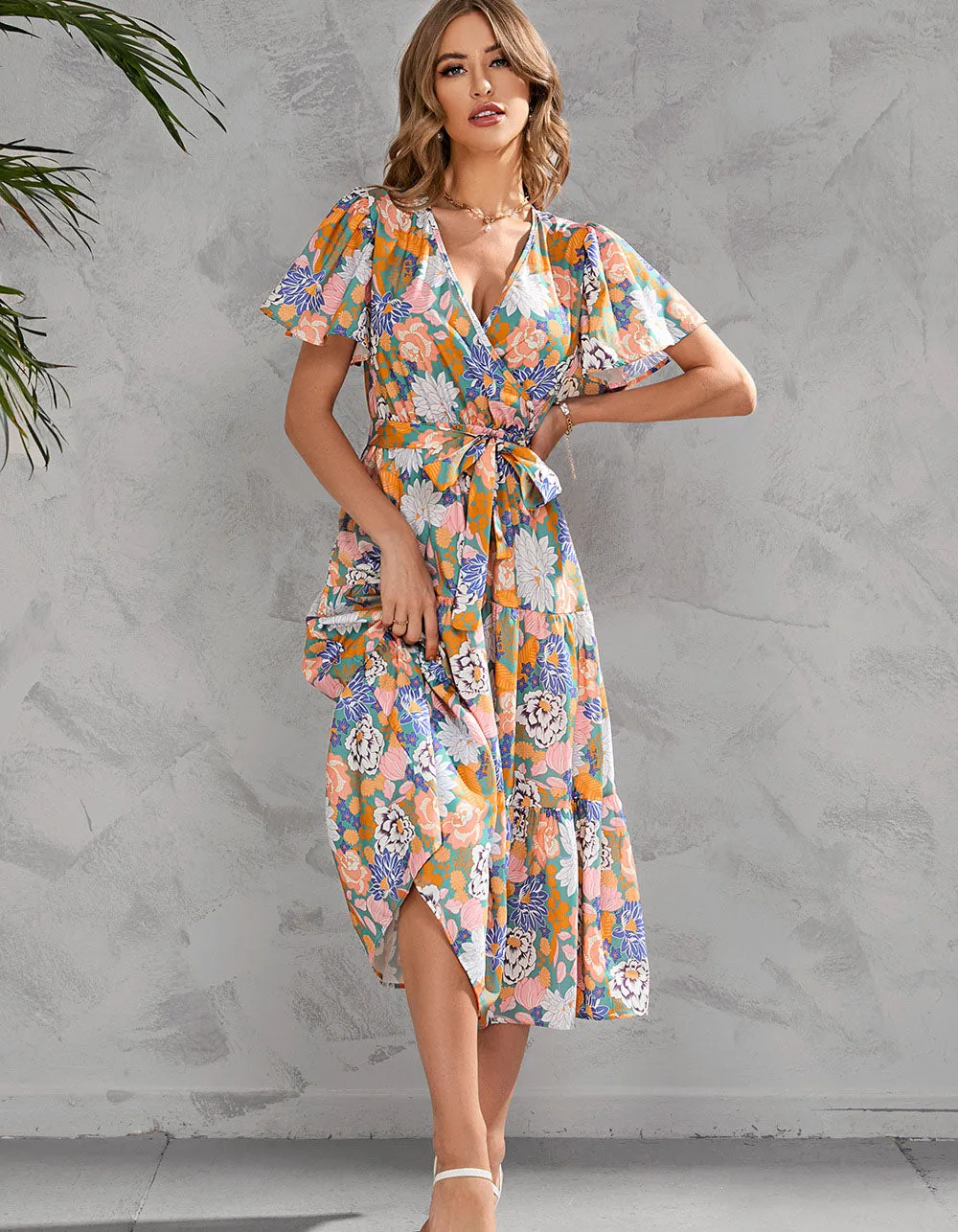 Floral Printed V Neck Short Sleeve Long A-Line Dresses