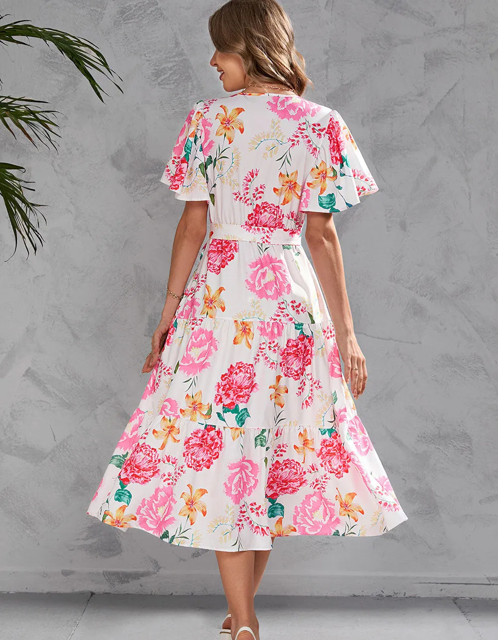 Floral Printed V Neck Short Sleeve Long A-Line Dresses